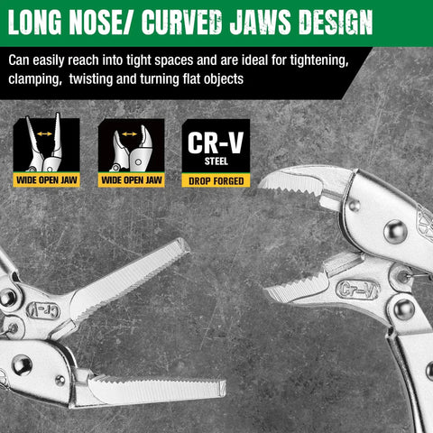 Illustration of long nose and curved jaw design in 5-Piece Locking Pliers Set With Long Nose And Curved Jaw For Gearhead Projects Premium CR-V Steel Nickel Plated Anti Rust Finish Heat Treated For Strength Ergonomic Anti Slip Handles DIYer Friendly For Welding Or Assembly Rolling Pouch