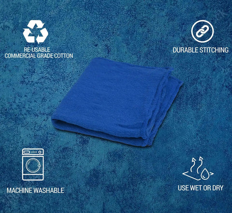 Ultra Absorbent Cotton Shop Towels Pack Of 50 12 By 14 Inches blue cotton towels with informational icons on durability and reusability.