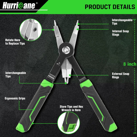 Pro Grade 8 Inch Quick Turn Snap Ring Pliers With Interchangeable Tips shown with ergonomic grips and tip storage view