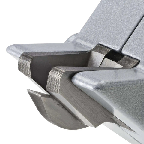 Close-up of Double Cut TurboShear Attachment for drills, showcasing sharp blades for clean edges and quick work on 18 gauge sheet metal.