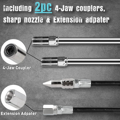 Mini Grease Gun Kit 3.52 Oz Capacity 3000 Psi With Long And Short Extension Pipes 12 Inch Flex Hose Two Four Jaw Couplers Sharp Nozzle Extension Adapter 3 Oz Grease Reinforced Glove And Cleaner Perfect For DIY Auto Maintenance components including 4-jaw coupler and extension adapter