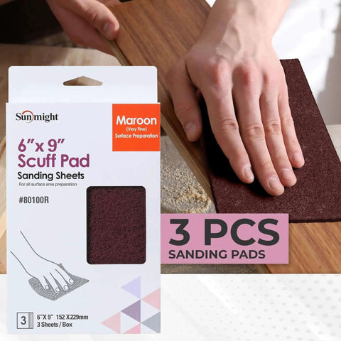 Person using Maroon 6 By 9 Inch Scuff Pads For Paint Prep Aluminum Oxide Surface Prep Cloths with product packaging