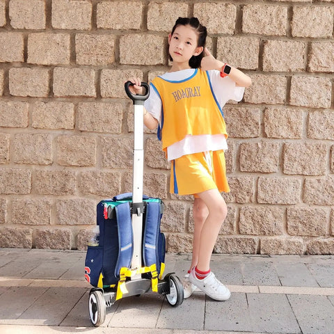 Child using Wheeled Backpack Trolley With Noiseless Large Wheels Aluminium Alloy Folding Hand Truck for backpacks.