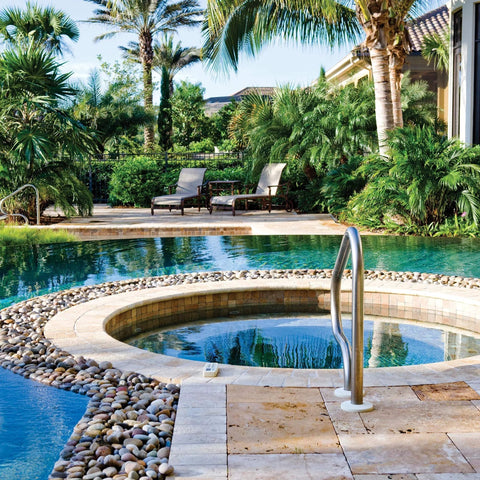 Luxurious backyard pool and spa with greenery and lounge chairs, without visible 24V Valve Actuator Control For Pools And Spas With Adjustable Cam.