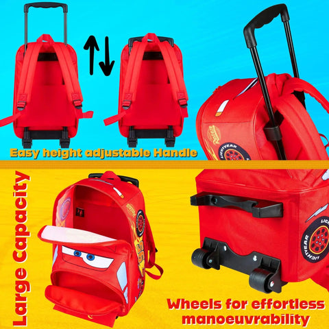 Lightning McQueen 16 Inch Kids Rolling Suitcase with wheels and extendable handle, showing backpack conversion and wheel details
