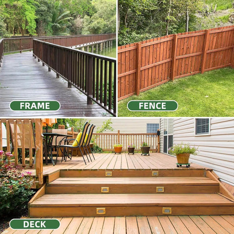 Wooden deck, fence, and railing using deck screws for outdoor wood fence and decking, built to last, rust resistant epoxy coated screws.