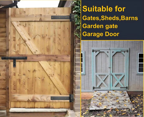 Industrial Strength 12 Inch T Strap Gate Hinges 4mm Thick 180 Degree Swing Rust Proof Black Steel installed on wooden gate