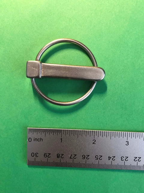 Close-up of Two Pack Marine Grade Stainless Steel 316 Linch Pin Ring Catch with ruler, 10.6mm, corrosion-resistant for marine use.