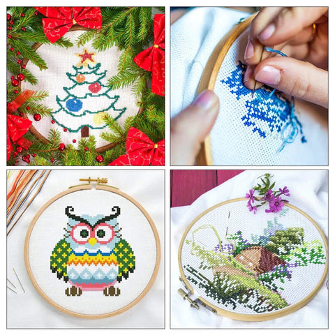304 Pack Embroidery Starter Kit With 200 Color Floss 5 Bamboo Embroidery Hoops 2 Aida Cloths Easy Instructions Bag And Cross Stitch Tools Set For Beginners And Adults, showcasing four embroidered designs with a Christmas tree, blue pattern, owl, and landscape in bamboo hoops.