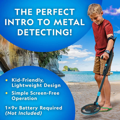 Child using Kids Metal Detector Starter Kit For Treasure Hunting With 7.4 Inch Waterproof Coil on beach, lightweight design