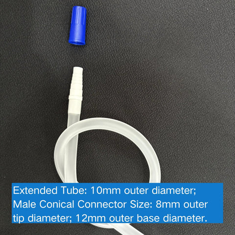 Leg bag extension tubing, 18 inches (45 cm), silicone, latex-free, with white conical connector and blue cap.