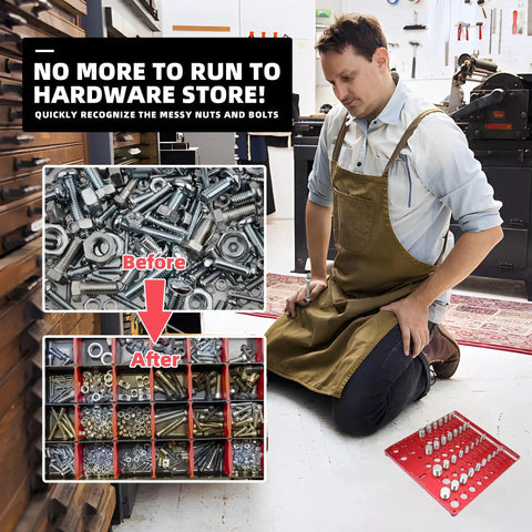 Man kneeling in workshop using Pro Grade Nut And Bolt Thread Checker Gauge Kit With 42 Size Guide for organizing fasteners