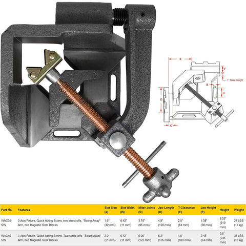 3-Axis Fixture Vise with Quick Acting Screws and Swing Away Arm, two stand-offs, 3.75-inch miter joint, diagram, and specs table