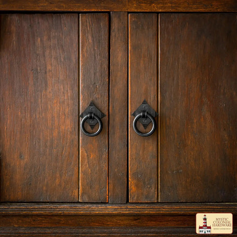 Cabinet with Mystic Colonial Cast Iron Ring Pull Handles With Screw Blackened Hammered Finish Antique Cabinet Hardware