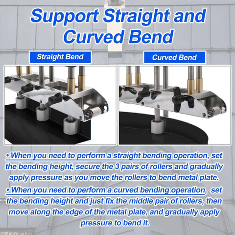 Close-up of Three Station Edge Roller Bender for metal roofing, showing dual straight and curved bending styles with rollers and metal plate.