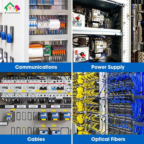 Communications, power supply, cables, and optical fibers in an organized electrical control panel.