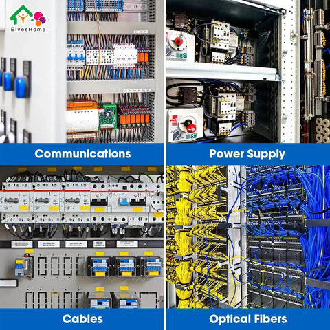 Communication, power supply, cables, and optical fibers shown in electrical control panels and enclosures.