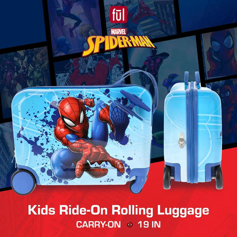 Spider-Man 19 Inch Kids Carry On Luggage With Spinner Wheels Ride On Hardshell Suitcase For Travel with Spider-Man design.