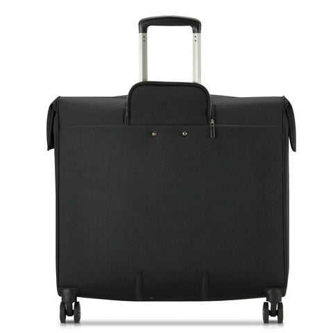 Rear view of a lightweight DuraTec rolling garment bag with spinner wheels, ideal for travel, featuring secure handle, roomy interior.