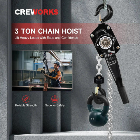 3 Ton Manual Lever Chain Hoist With 10 Ft Lift G80 Chain Swivel Hooks Heavy Duty shown in industrial setting