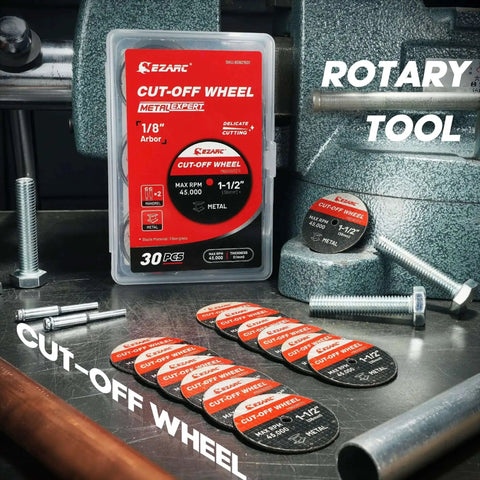 Heavy Duty Fiberglass Reinforced Cut Off Wheels for Rotary Tools 1.5 Inch by 0.125 Inch, 32 Pack With Mandrels, displayed in workshop