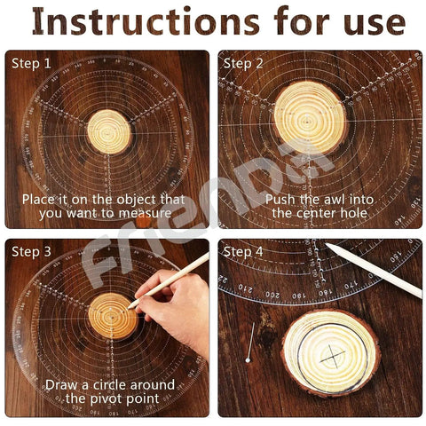 Round Center Finder Compass For Lathe Work And Woodturning 12 Inch Circle Gauge in use on a wooden log, showing measurement steps