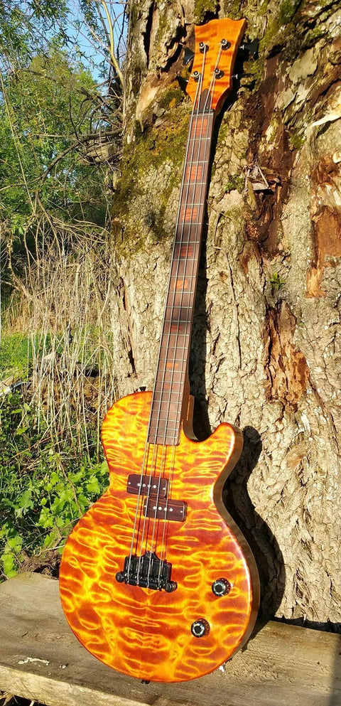 Sunburst orange wooden bass guitar leaning against a tree outside