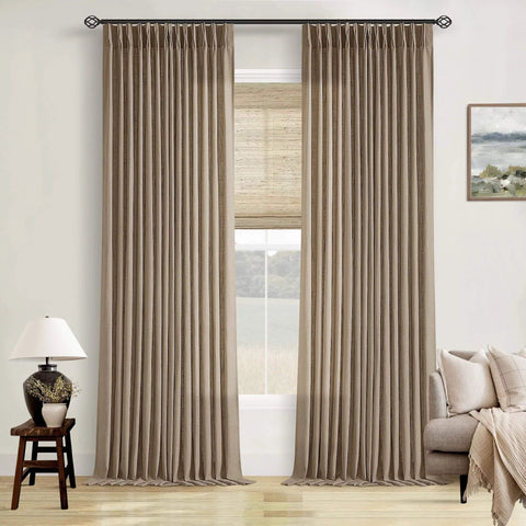 Farmhouse Tan Brown Linen Curtains 102 Inches Long 2 Panels With Pinch Pleat Drape Hooks and Rings in living room setup