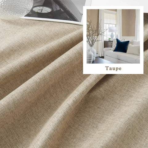 Close-up of linen blackout curtains burlap color, fabric texture visible, with inset showing curtains installed in living room.