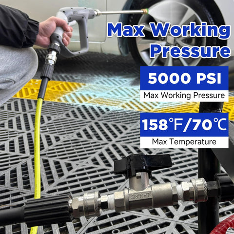 PWACCS ball valve pressure washer with 3/8 quick-connect stainless steel shut-off valve installed on hose, 5000 PSI