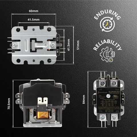 Dimensions and features of 2 Pole 40 Amp AC Contactor With 240V Coil For Heavy Duty Motor Load In HVAC Refrigeration Lighting And Heat Pumps