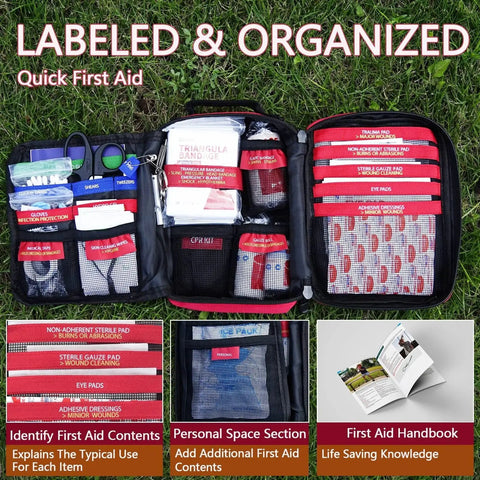 Open Pro Trauma First Aid Kit With Labeled Compartments And Molle System For Car Road Trips Hiking Camping Backpacking Traveling And Cycling Emergency Medical Gear For Quick Access In Panic Mode showing organized sections on grass
