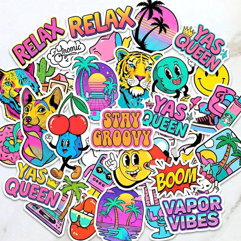Colorful vinyl stickers with phrases like 'Relax,' 'Yas Queen,' and 'Stay Groovy' showing vibrant cartoon designs.