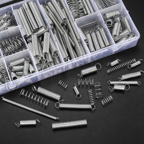 210-piece spring assortment kit with zinc-plated steel compression and extension springs in a clear plastic storage box.