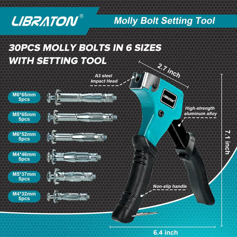 Molly Bolts For Drywall And Plaster Walls Set Includes 30 Heavy Duty Hollow Wall Anchors In Six Sizes And A Pro Setting Tool