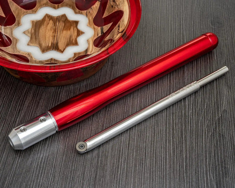 Turning Acrylic and Resin on a Wood Lathe Made Easy With This 3 Tool Carbide Set for Hybrid Projects Featuring 9 Inch Tools and 12 Inch Colorful Handles USA Made Shearing Cut Tools for Clean Consistent Results, showing stainless steel carbide tool and red handled tool next to a colorful wooden bowl.
