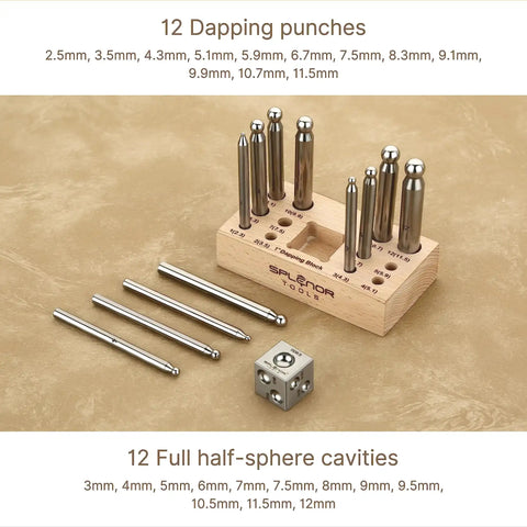 1 Inch Square Dapping Block With 12 Dapping Punches Set For Jewelry Making shown with wooden stand and steel punches