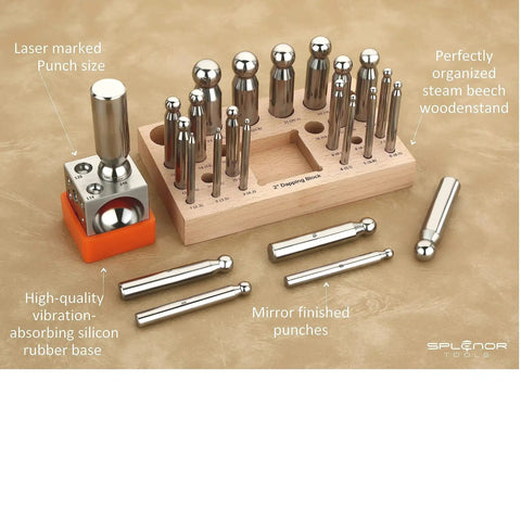 Dope 2 Inch Square Dapping Block With 24 Punch Set for jewelry making and metal forming, shown with wooden stand and rubber base