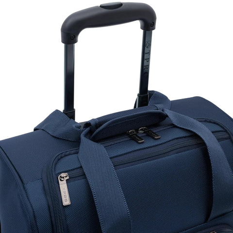 Close-up of smart underseat carry-on luggage with USB charging port 15 inch navy blue handle and zippers