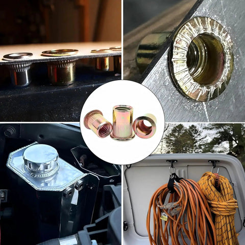 Ultimate 420 Piece Metric And SAE Rivet Nut Kit Carbon Steel Flat Head Nutsert Set for heavy duty use shown installed.