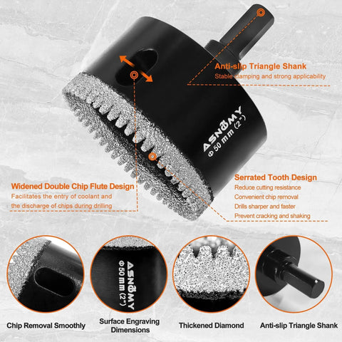 Close-up of 10 Piece Serrated Diamond Hole Saw Set One Quarter Inch To Two Inch Core Drill Bits For Porcelain Tile Glass Ceramic Stone Granite Marble With EVA Guide Jig And Tough Hardened Steel Body showing serrated tooth design.