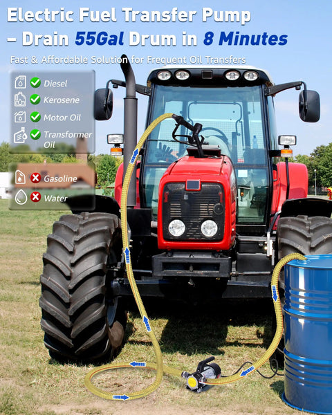 Pro Grade 12V 200W Diesel And Kerosene Electric Fuel Transfer Pump Kit with hoses and nozzle connected to red tractor and blue barrel