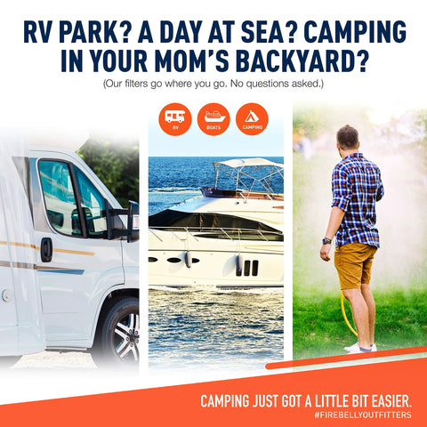 RV water filter and pressure regulator kit by Amazon; lifestyle collage with an RV, boat, and person outdoors
