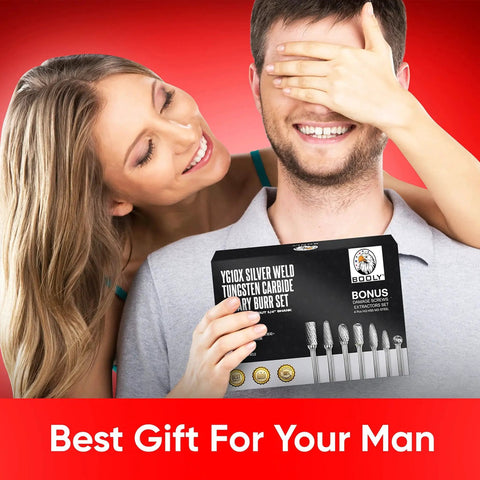 Pro Grade Die Grinder Bits Set With Tungsten Carbide Burrs For Metal Grinding held by a smiling man with a woman covering his eyes