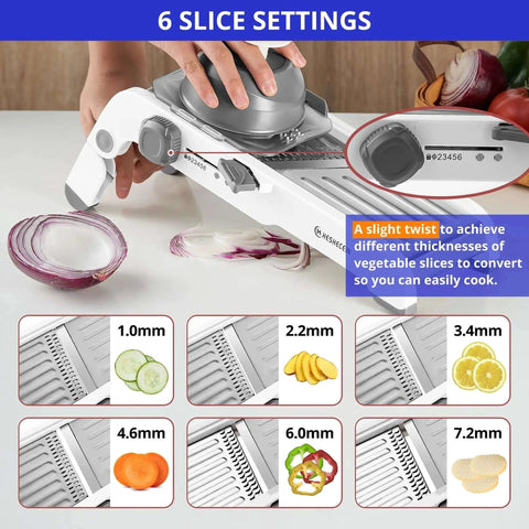 Close-up of 24 In 1 Mandoline Slicer with Waffle Fry Cutter Blade, showing adjustable thickness dial and dual sided stainless steel blades.