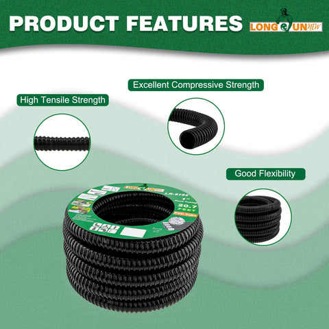 LongRunNew 1 inch ID corrugated pond hose, 20.6 ft, black PVC flexible tubing for ponds and pumps
