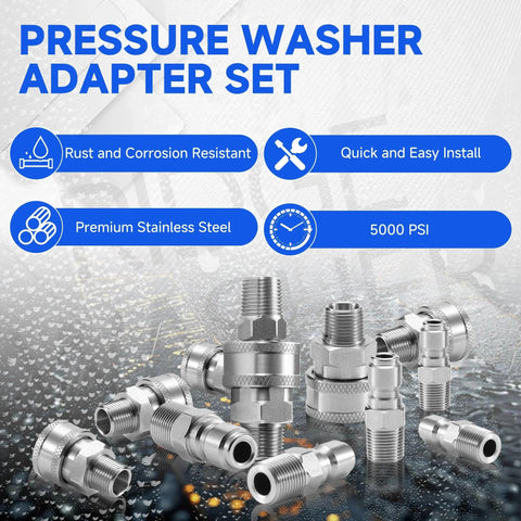 Stainless Steel Three Eighths Inch Pressure Washer Quick Connect Kit With 12 Adapters, male NPT threads, 5000 PSI