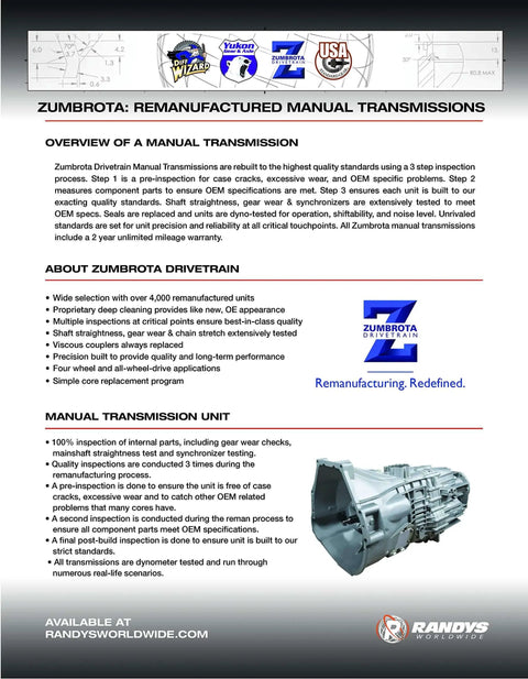 Manual transmission unit for remanufactured gearboxes on a specification sheet