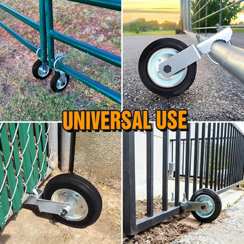 Gate Wheel For Metal Swing Gates With 1 5/8 To 2 Inch Frames Heavy Duty Gate Support Wheel For Chain Link Fences Prevents Gate From Dragging Tire Grade Solid Rubber Wheel Hot Dipped Galvanized Steel Rust Resistant Supports Up To 500 Lb shown in various gate installations.