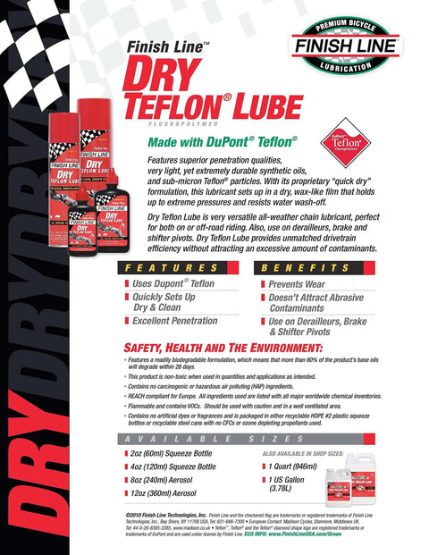 Finish Line Dry Teflon Lube product display showing bottles and boxes with Teflon logo and product features listed.